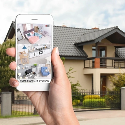 Modesto vivint phone display of cctv live feed in front of a house